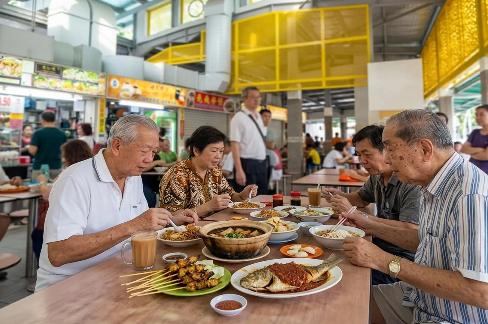 Seniors dining together at a hawker center