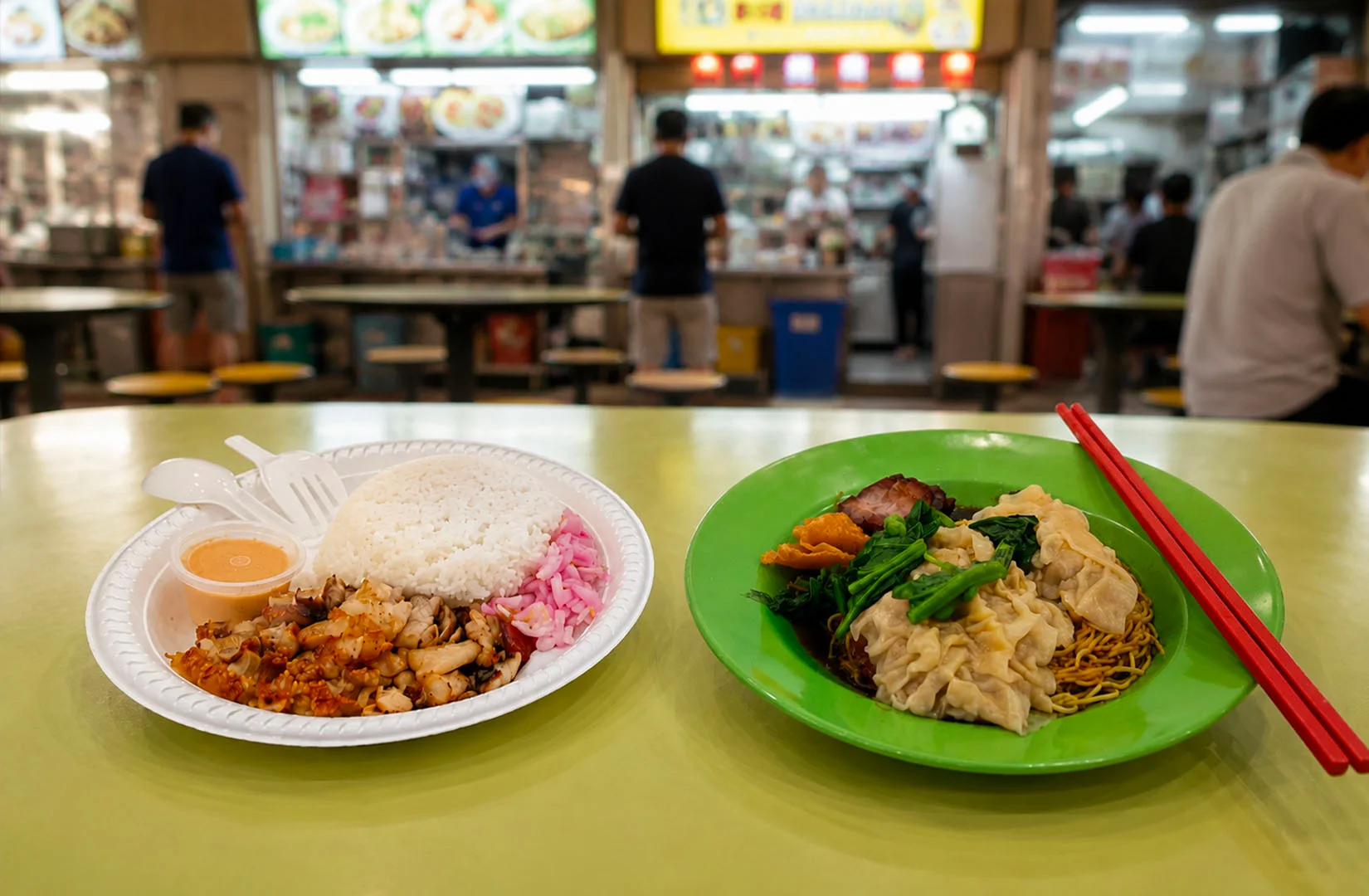 Two plates of hawker food featuring crispy pork rice and wonton noodles with char siu on a bright green table at a local food center