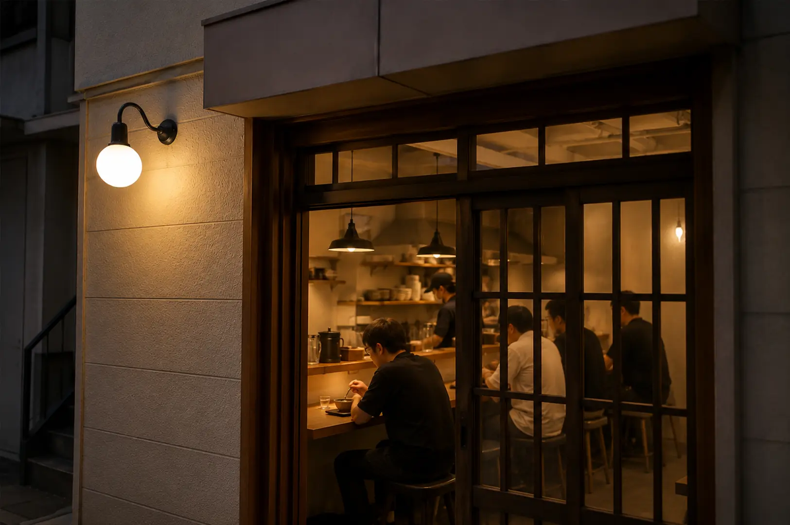 Cozy Japanese soup curry restaurant glowing warmly at night with diners enjoying a quiet evening inside.