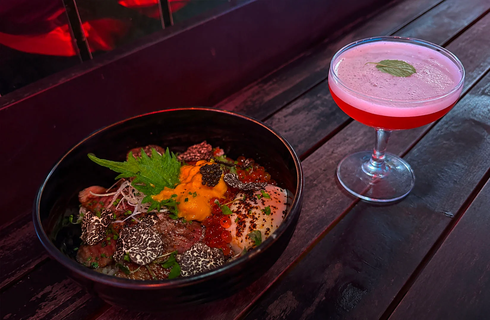 Premium Japanese rice bowl and signature cocktail at Kinki Restaurant Singapore.