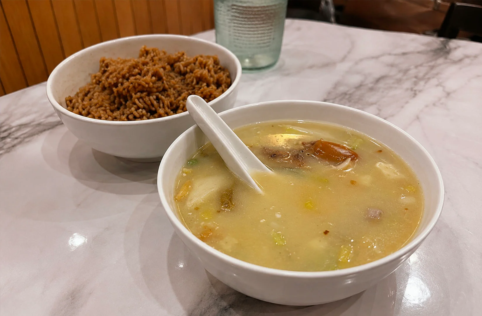 Nutritious soup and brown rice meal served at Arcade Soup in Raffles Place Singapore.