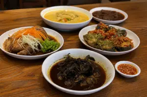 Assorted Malaysian and Asian dishes including curry, braised meats, sambal fish, and spicy shellfish served on a wooden table.