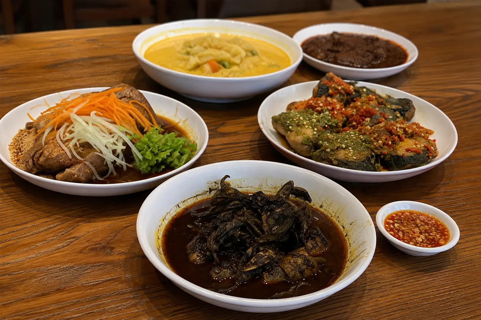 Assorted Malaysian and Asian dishes including curry, braised meats, sambal fish, and spicy shellfish served on a wooden table.