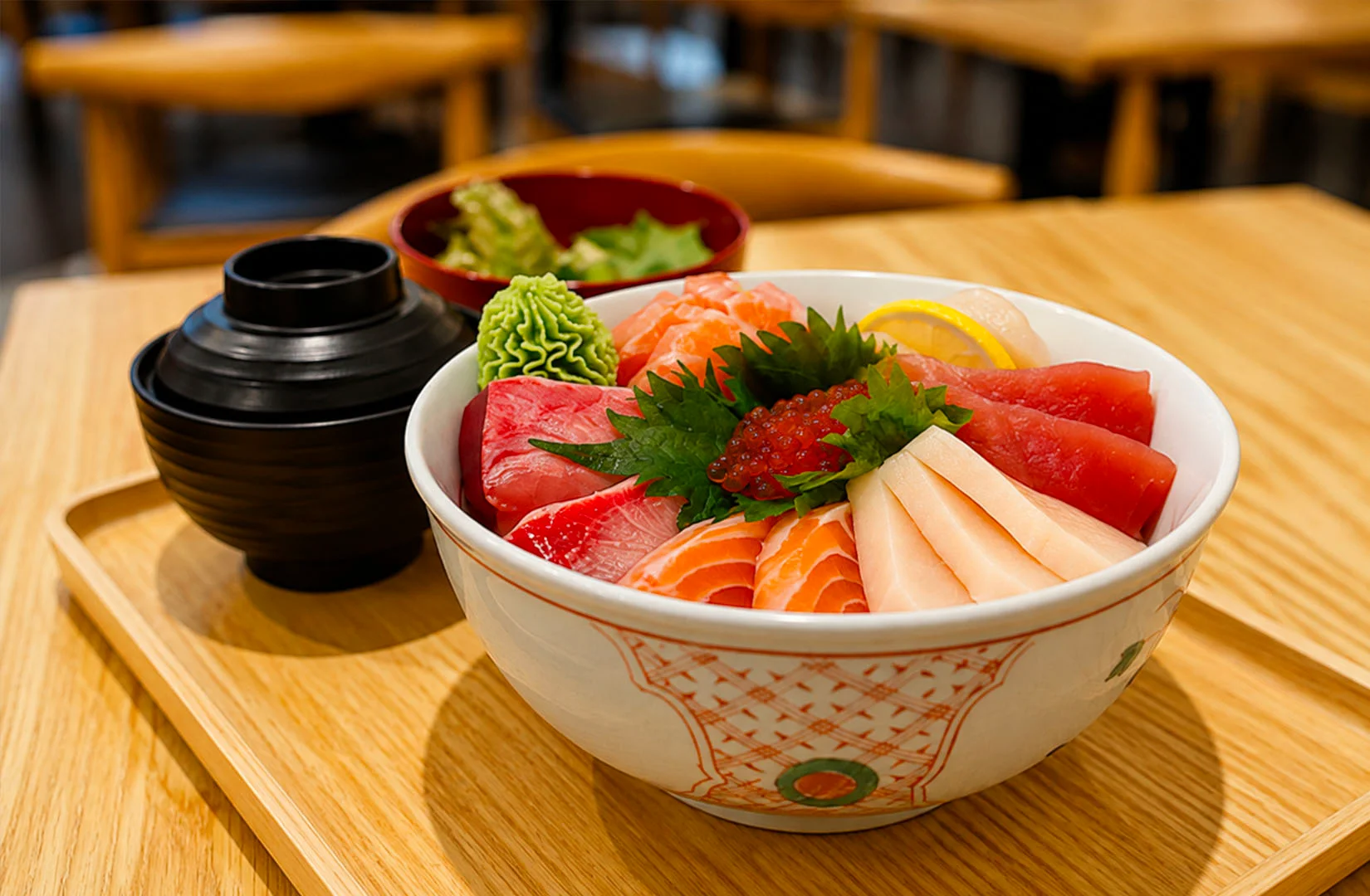 Assorted sashimi rice bowl with salmon, tuna, seaweed, and nori sheet.
