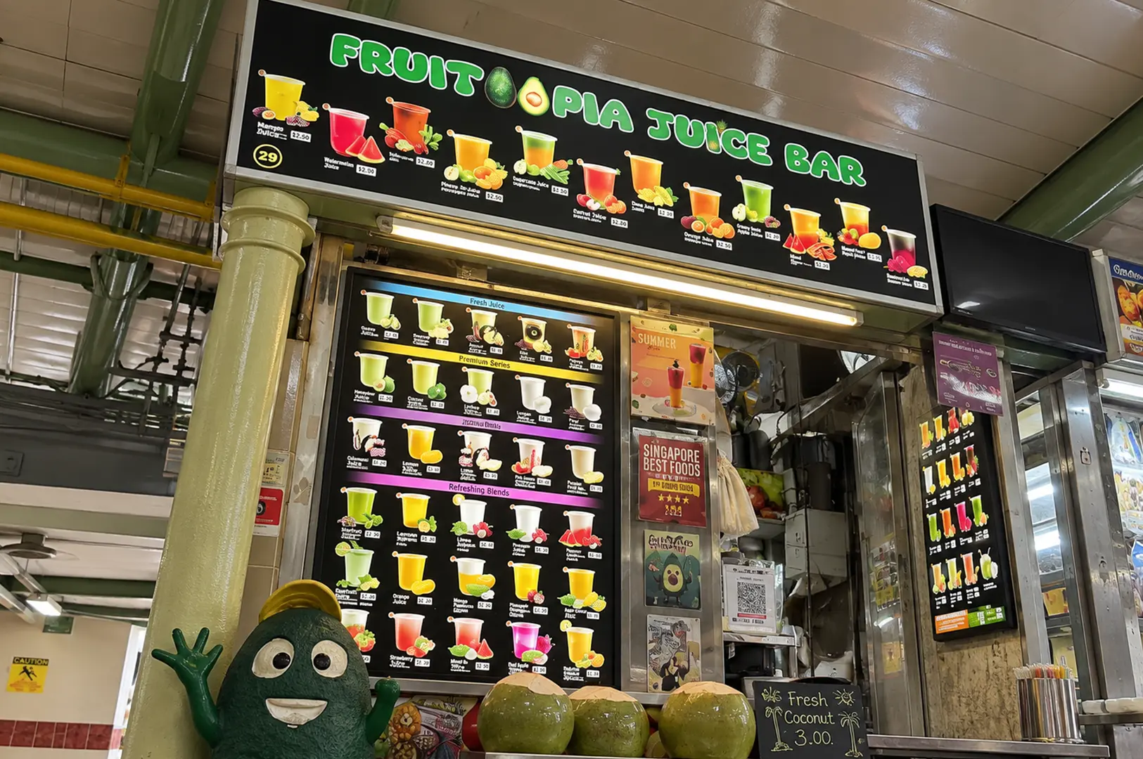 Fruitopia juice bar displaying a colorful selection of fresh fruit juices, blends, and refreshing drinks.