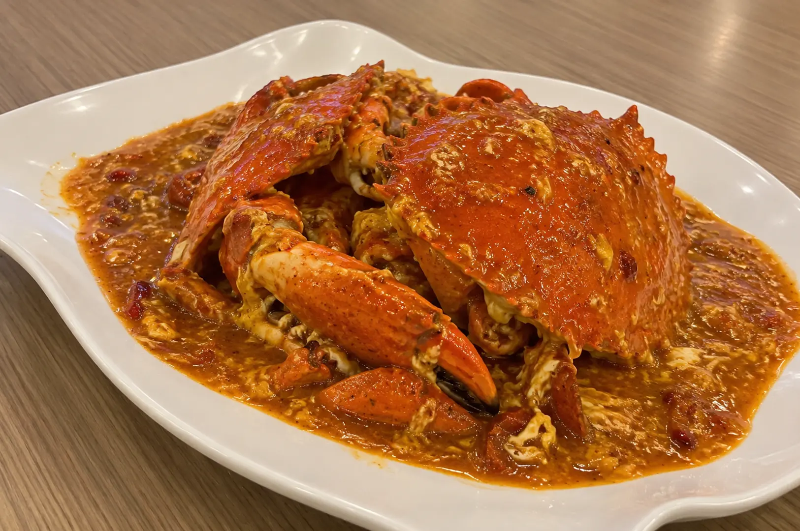 A whole crab covered in thick, savory orange sauce on a white rectangular plate at a wooden table.