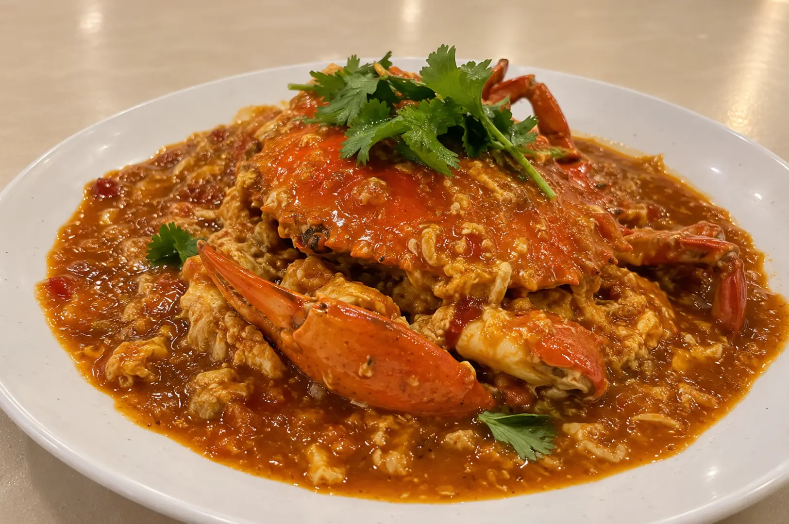 Chili crab topped with fresh cilantro and served in a generous pool of thick orange-brown sauce.