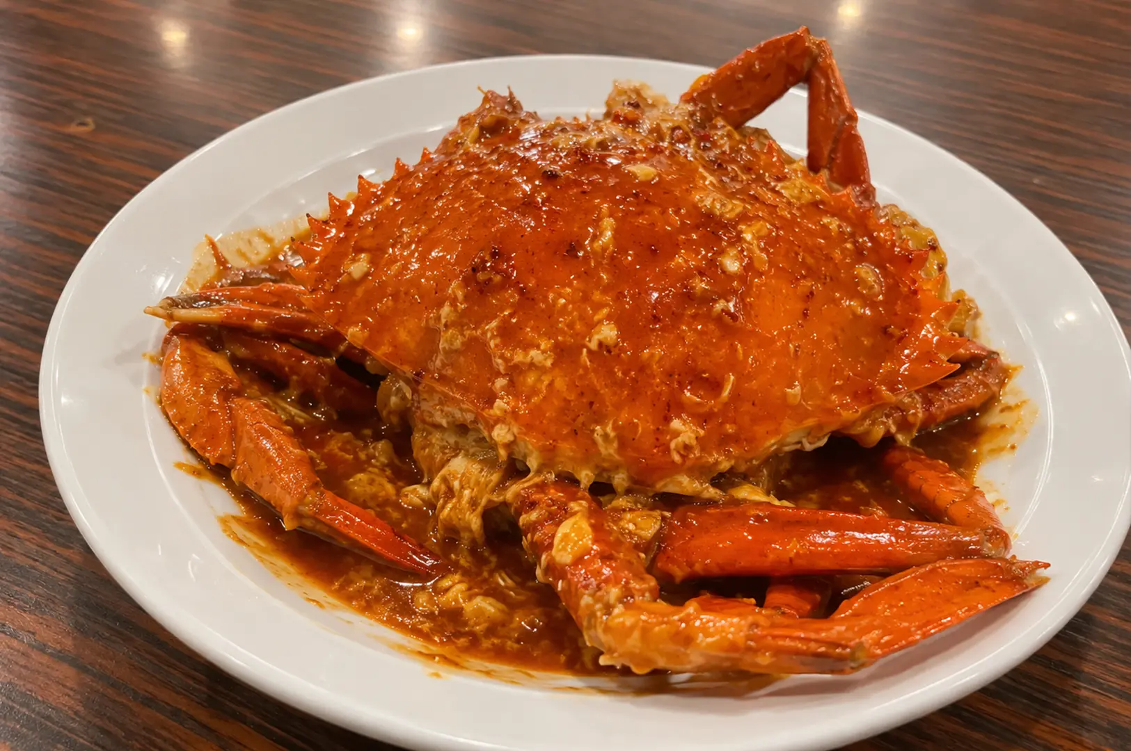 Whole chili crab with a bright orange shell and large claws, served in thick sauce on a white plate.