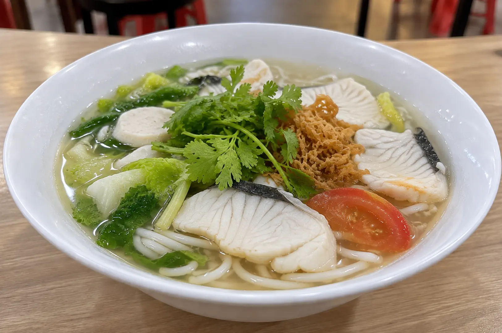 White bowl of fish soup with sliced fish, leafy greens, cilantro, crispy fried topping, and noodles.