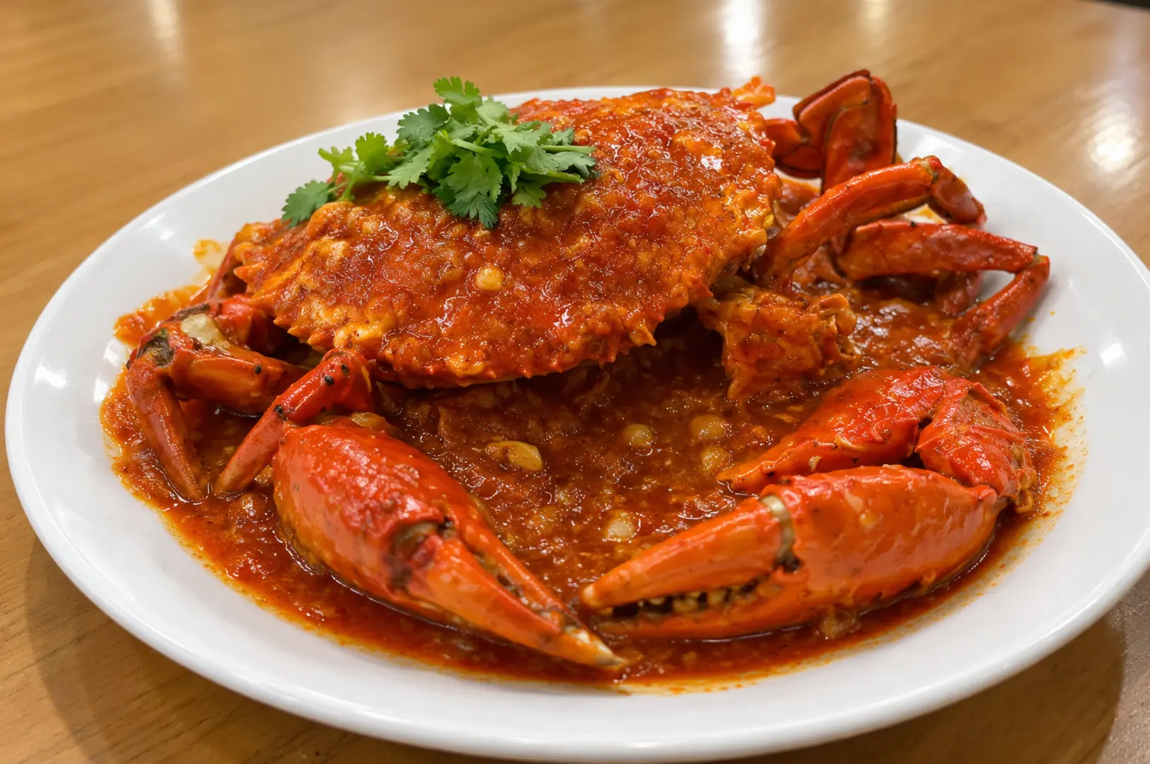 Chili crab topped with fresh cilantro, served in rich red sauce on a white round plate.