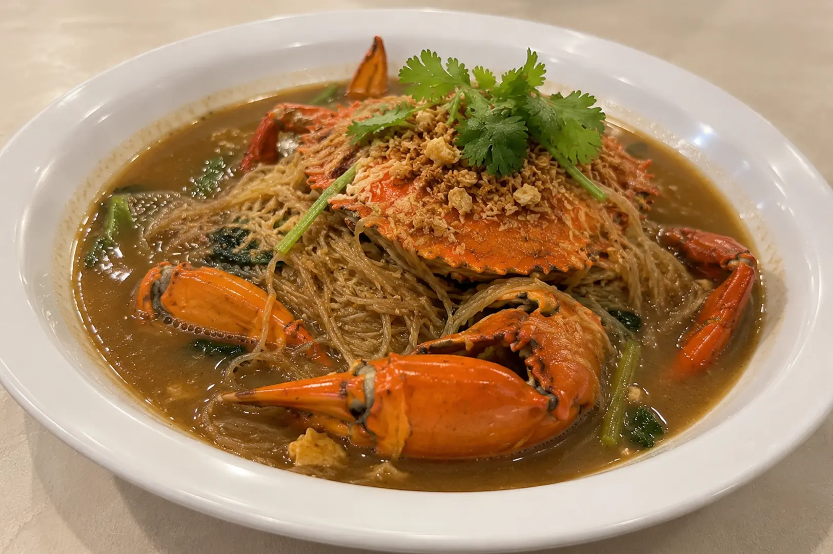 Crab vermicelli in savory brown broth, topped with fresh cilantro and crispy garlic on a white plate.