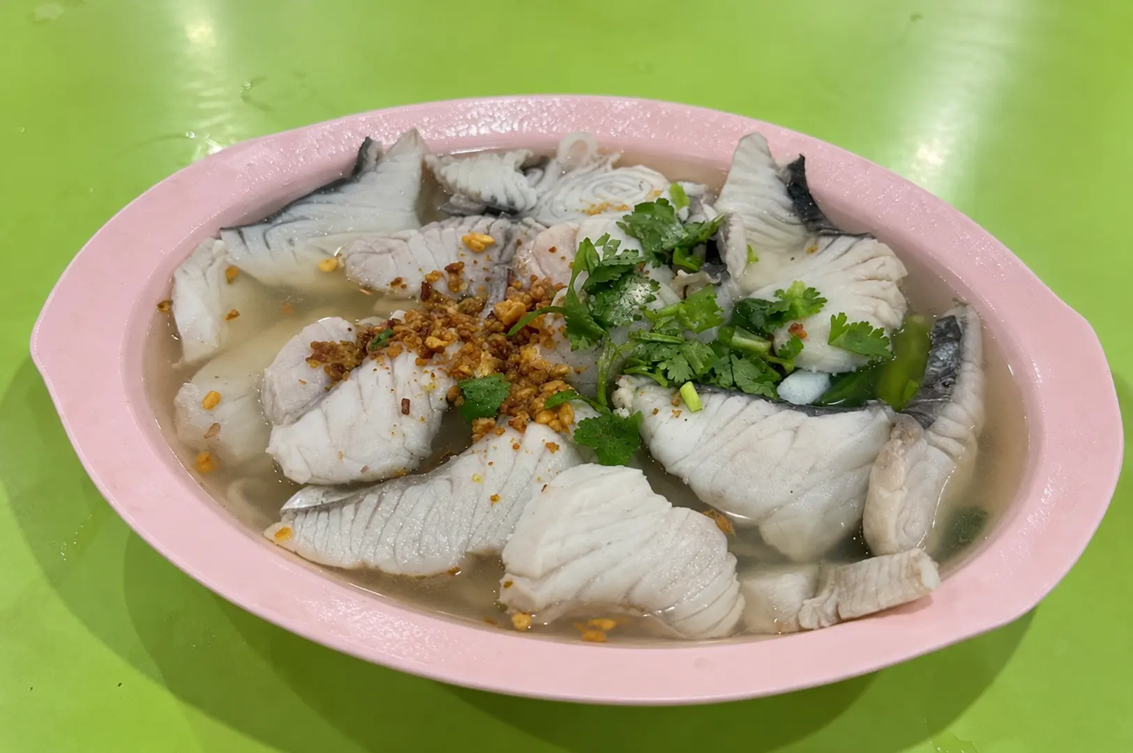Pink bowl filled with sliced fish in clear broth, topped with cilantro and crispy garlic on a green table.
