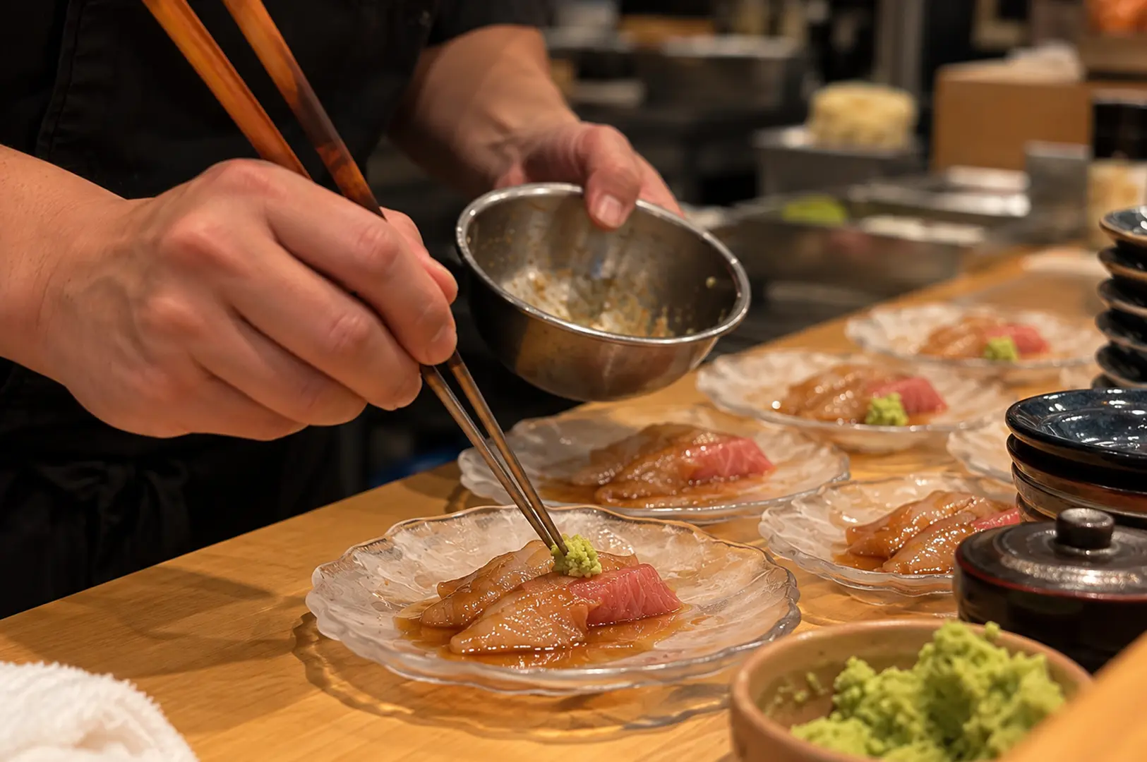 Chef carefully arranging sushi and wasabi on plates at Teppei Japanese Restaurant in Singapore.