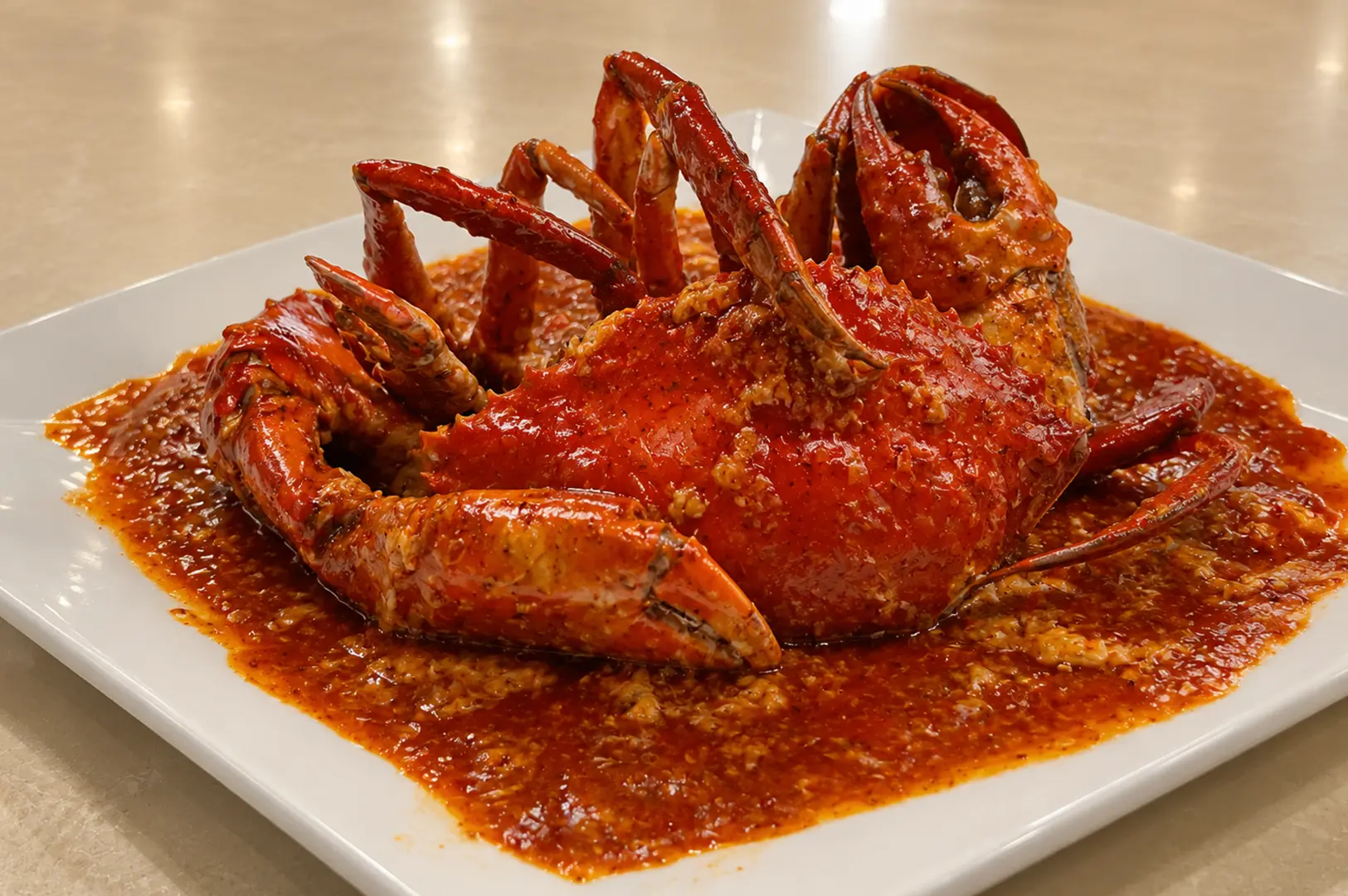 Whole crab with upright legs covered in thick red chili sauce on a white square plate.
